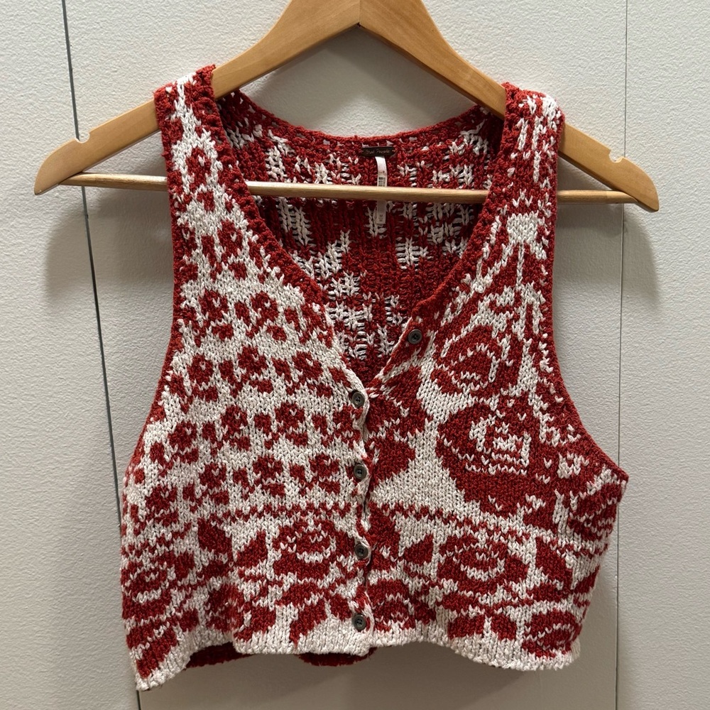 Free People Red and White Knit Button-Up Vest